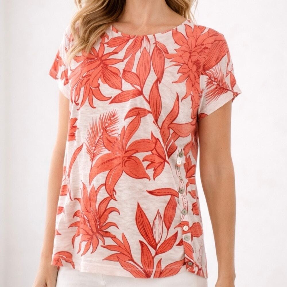 Halston Heritage Linen Cap Sleeve Orange Floral Top Women Size Large Resortwear
